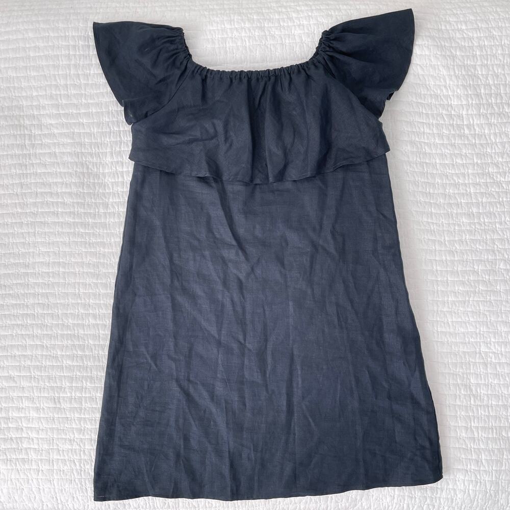 New Saks Fifth Avenue Off the Shoulder Linen Shift Mini Dress Navy Blue Size XS